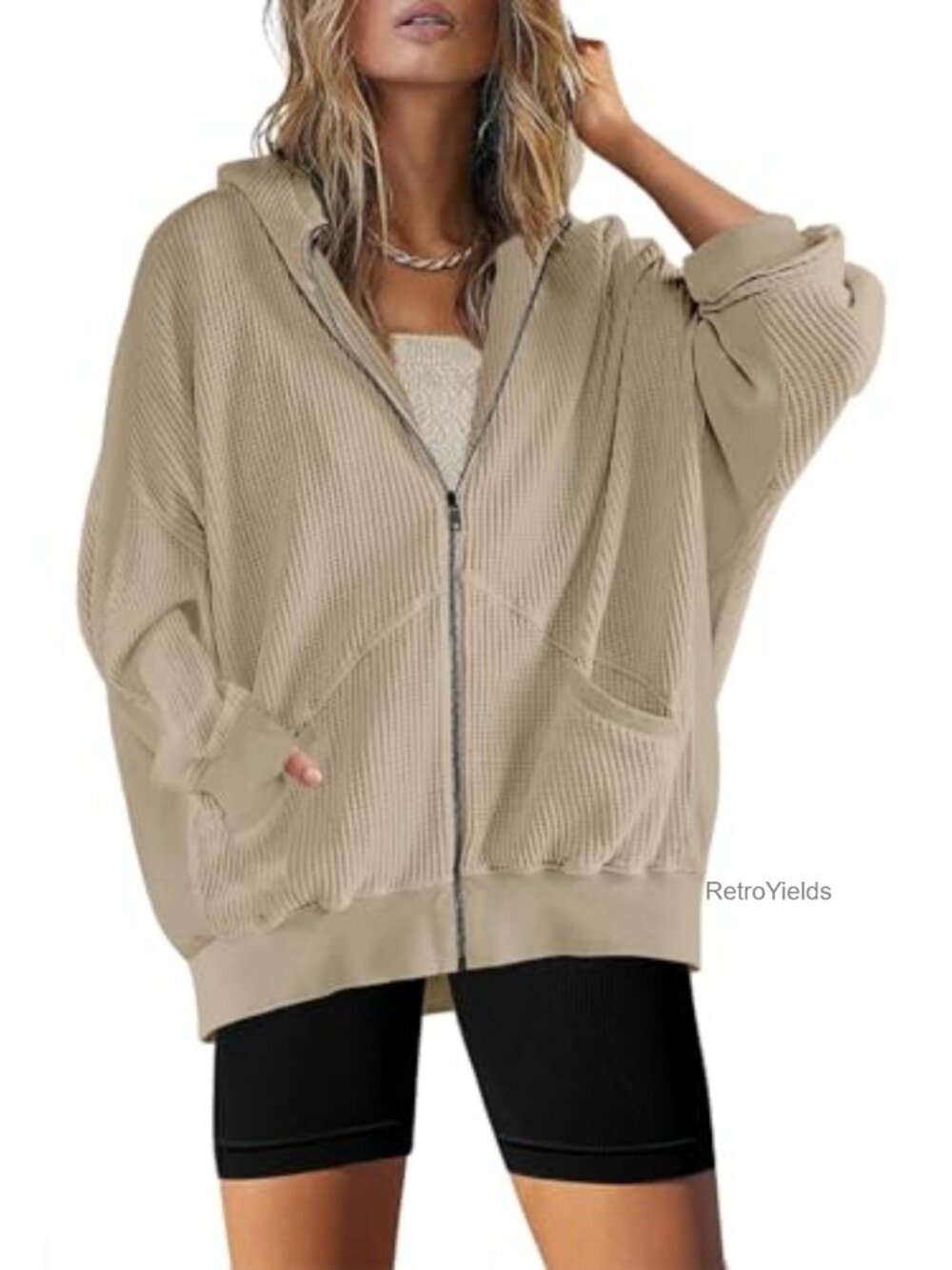 Waffle Knit Zip Up Hoodie Oversized Shacket with Pockets Long Sleeve